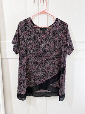 Roz & Ali Women's Printed Layered Blouse | Size 1X | Black & Pink